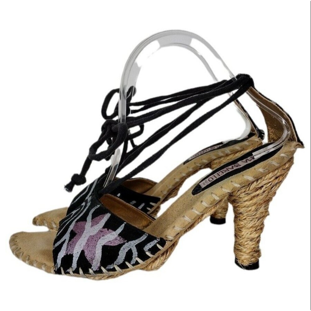 Paloma Barcelo Hand Painted Zebra Suede Espadrille Ankle Tie-Up Hemp Sandal Sz 9